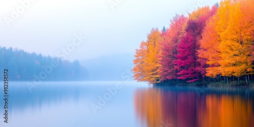 a lake with dense autumn trees, misty mountain on background