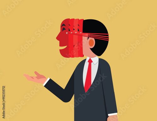 Tricks in cheating or deceiving. Businessman wears multiple deceptive masks