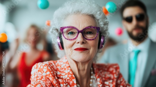 An elderly woman wearing headphones and a vibrant red floral dress enjoys herself at a lively party, surrounded by colorful decorations and other party-goers. photo