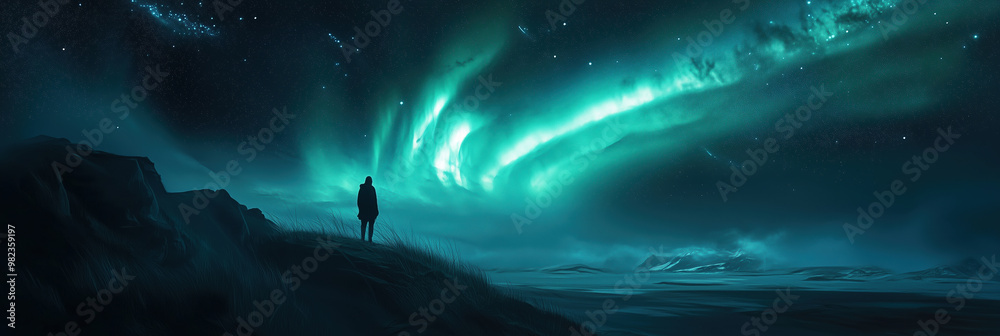 Panorama with northern lights (Aurora borealis) background of mountains and lakes.