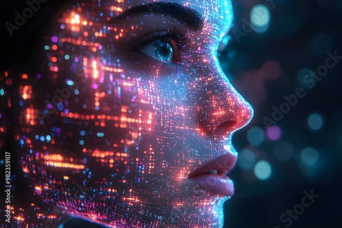 a digital face composed of thousands of glowing pixels, each a different shade of blue, green, and purple, forming the expression of an ai entity. ai face composed of digital pixels