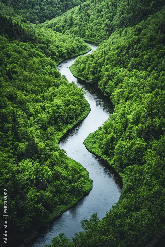 Serene winding river through a lush, green forest landscape Serene winding river through a lush, green forest landscape