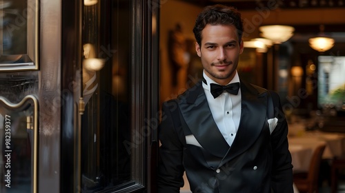 Elegantly Dressed Maitre d  Welcoming Guests at the Entrance of a High End Restaurant Showcasing Exceptional Hospitality and Service photo