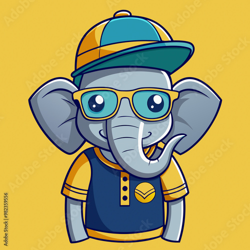 Cool Elephant Wearing Cap and Glasses – Cartoon Vector Illustration for Graphics Ads, Posters, and VFX Video Production