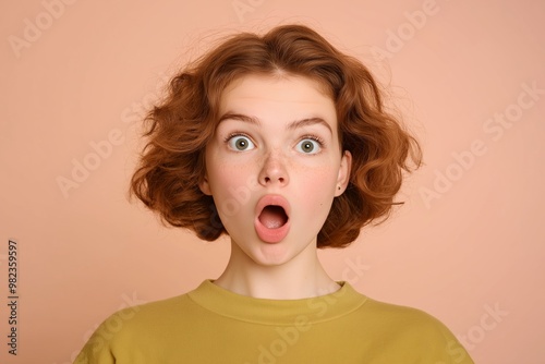 A young woman with red hair and green shirt is looking surprised. She has a wide open mouth and her eyes are wide open