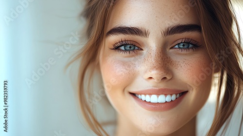 Soft closeup of a smiling woman with natural makeup, serene and gentle vibe