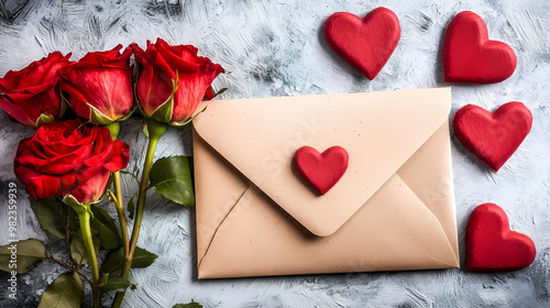 Red hearts on a brown envelope with a rose