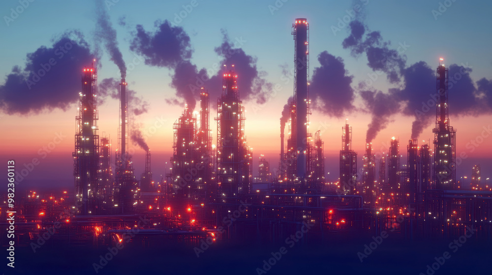 Obraz premium Evening picture of the refinery. AI generative.
