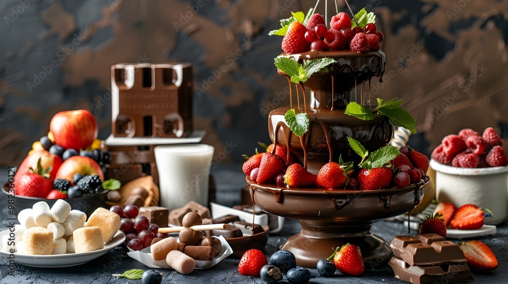 Luxurious Chocolate Fondue Fountain with Dipping Fruits Marshmallows and Pastries for Decadent Indulgence Luxurious Chocolate Fondue Fountain with Dipping Fruits Marshmallows and Pastries for Decadent Indulgence