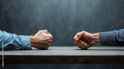 A tense negotiation table with both sides making firm demands, symbolizing the intensity of conflict negotiation photo