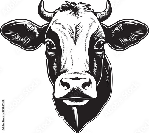 Grayscale Cow Illustration with Barn