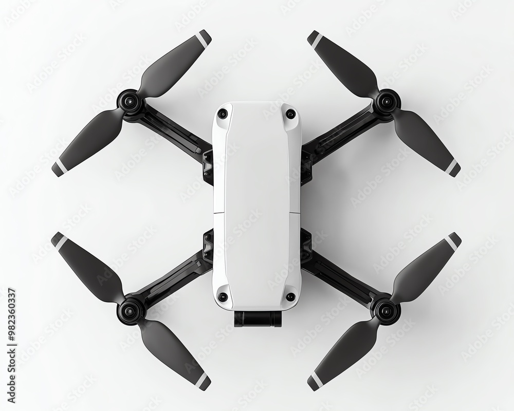 White drone with black propellers viewed from above. White drone with black propellers viewed from above.