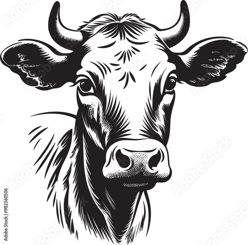 Detailed Cow Illustration with Milk Bottles