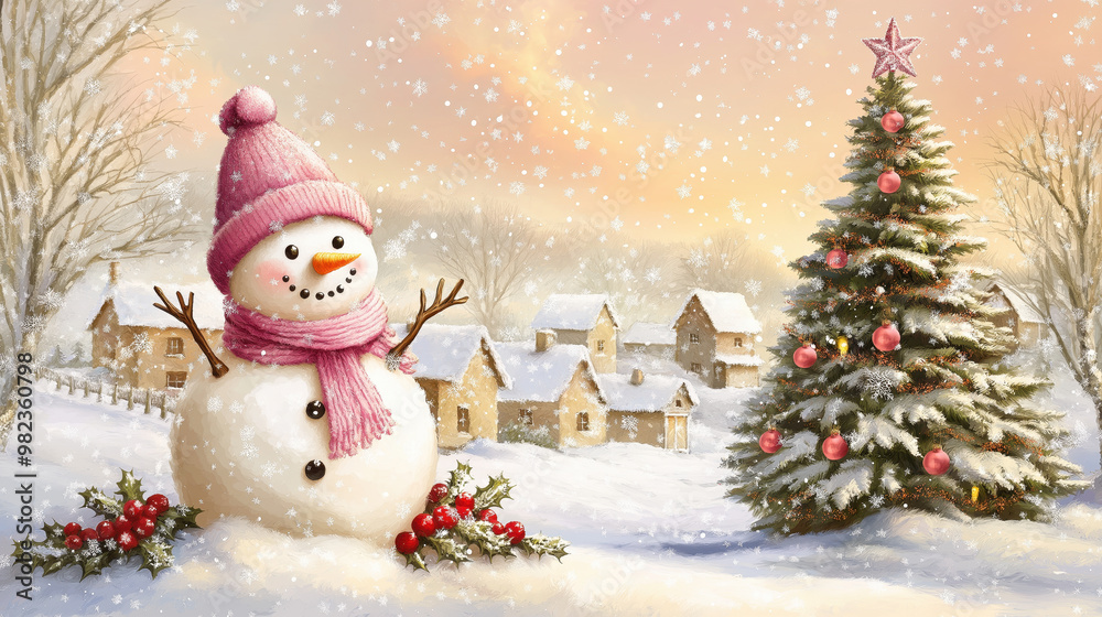 Snowman in a Winter Wonderland with Christmas Tree and Snow Covered Village Snowman in a Winter Wonderland with Christmas Tree and Snow Covered Village