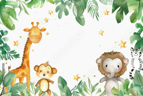 Watercolor cute baby jungle animals lion elephant giraffe zebra monkey fox tiger with green leaves and stars on white background for nursery illustration.