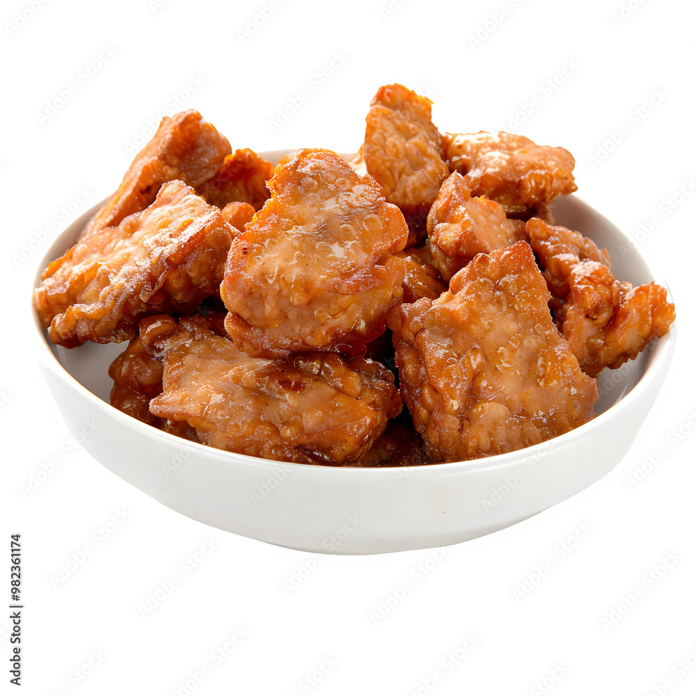 White bowl filled with golden, crispy fried chicken nuggets, showcasing their texture and appetizing appearance on a transparent background White bowl filled with golden, crispy fried chicken nuggets, showcasing their texture and appetizing appearance on a transparent background