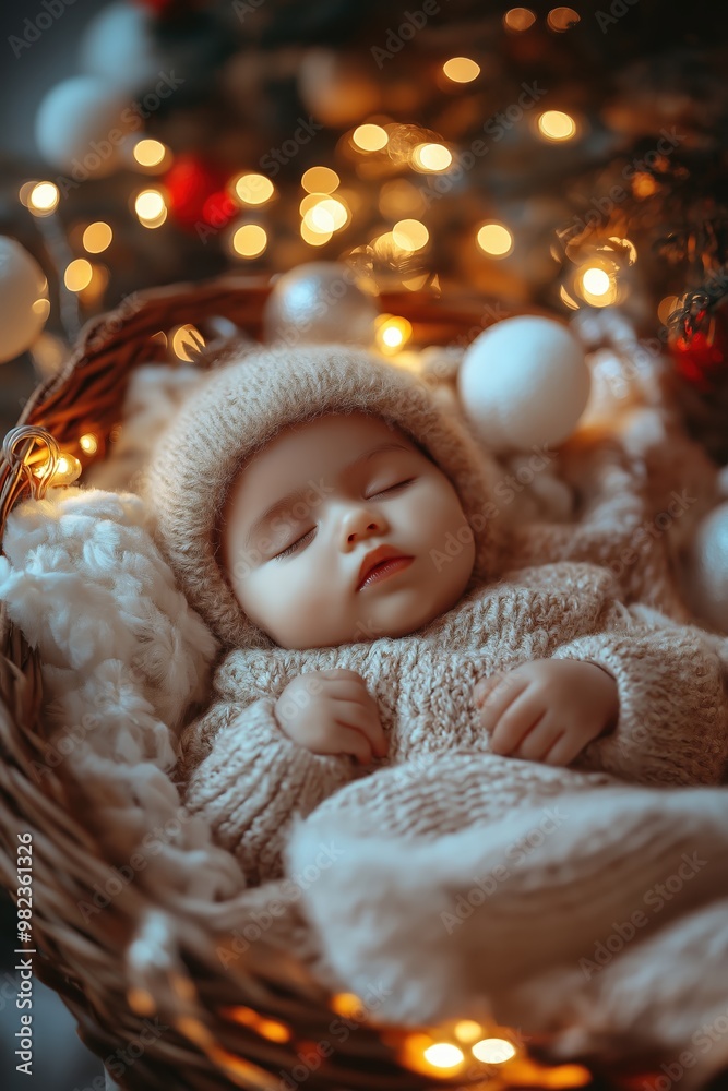 Sleeping Baby in Cozy Knitwear Surrounded by Christmas Magic Sleeping Baby in Cozy Knitwear Surrounded by Christmas Magic