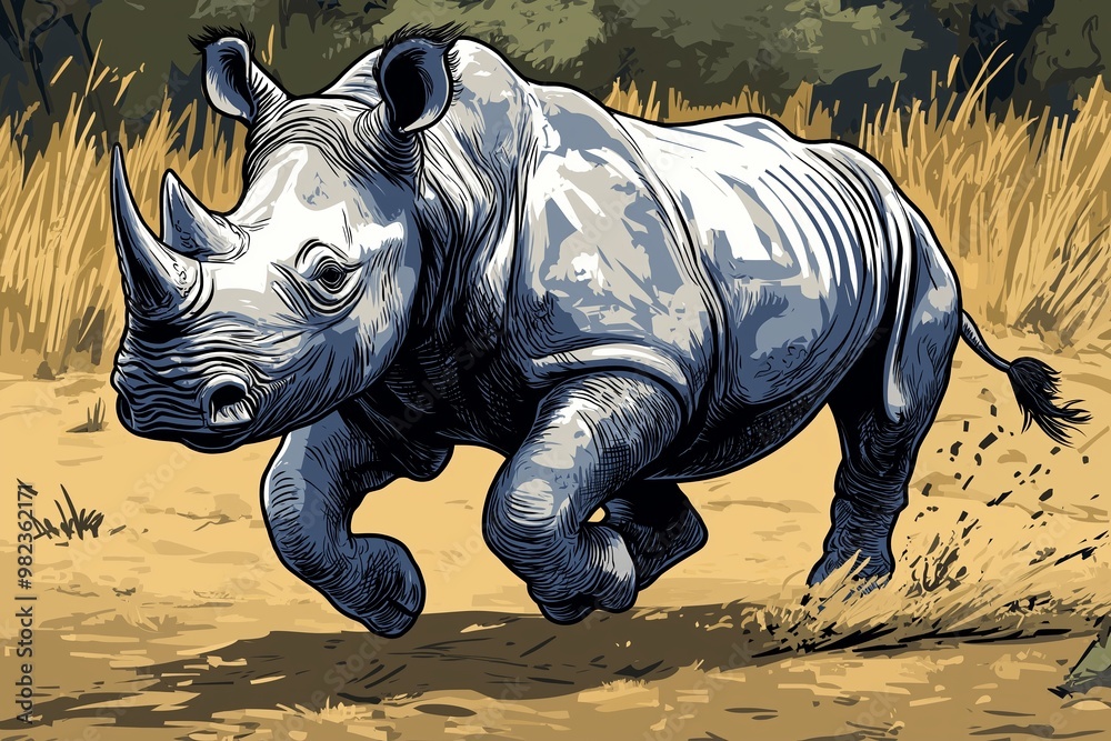 Fototapeta premium A rhino is running through a field of tall grass. The rhino is large and has a horn on its head. The grass is tall and brown, and the sky is clear