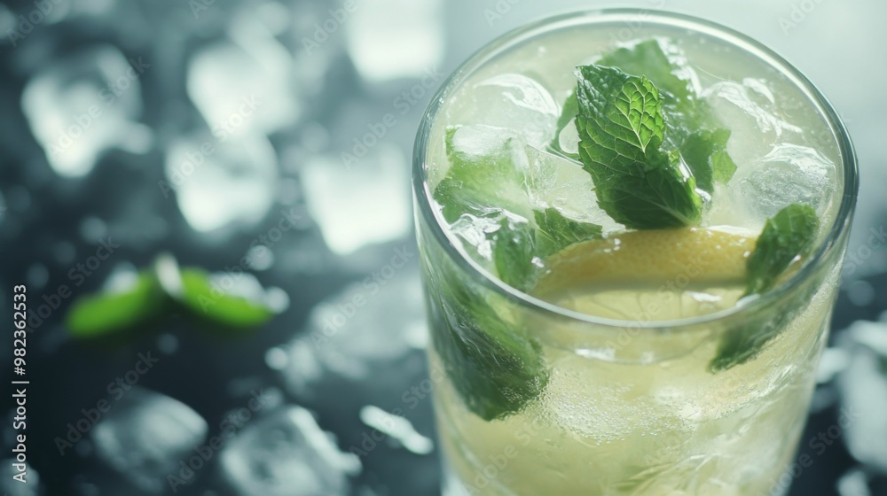 Close-up of a refreshing summer drink with mint and lemon in a glass with ice. Close-up of a refreshing summer drink with mint and lemon in a glass with ice.