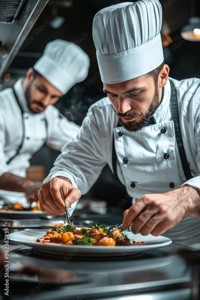 Two chefs focusing on plating gourmet dishes in a professional kitchen Two chefs focusing on plating gourmet dishes in a professional kitchen