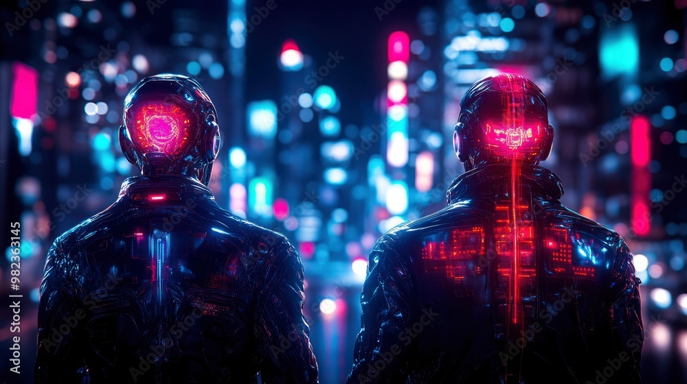 Obraz premium Futuristic Cyborg Duo Overlooking Neon-Lit Cyberpunk Cityscape