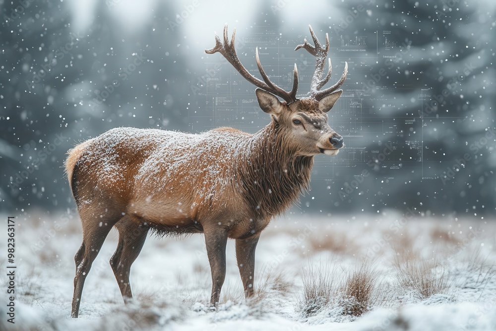 augmented reality wildlife viewing a majestic red deer stands in a snowy landscape enhanced with realtime data overlays and interactive information augmented reality wildlife viewing a majestic red deer stands in a snowy landscape enhanced with realtime data overlays and interactive information