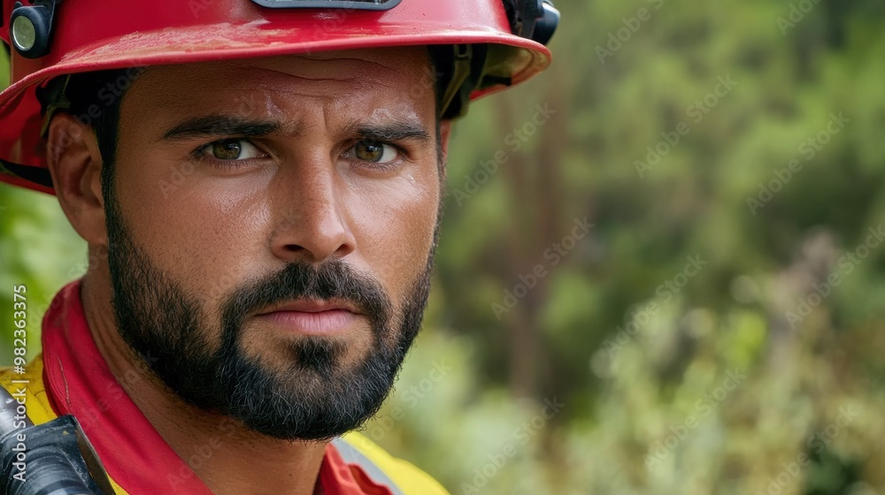 Obraz premium A man in a red hard hat with beard and mustache, AI