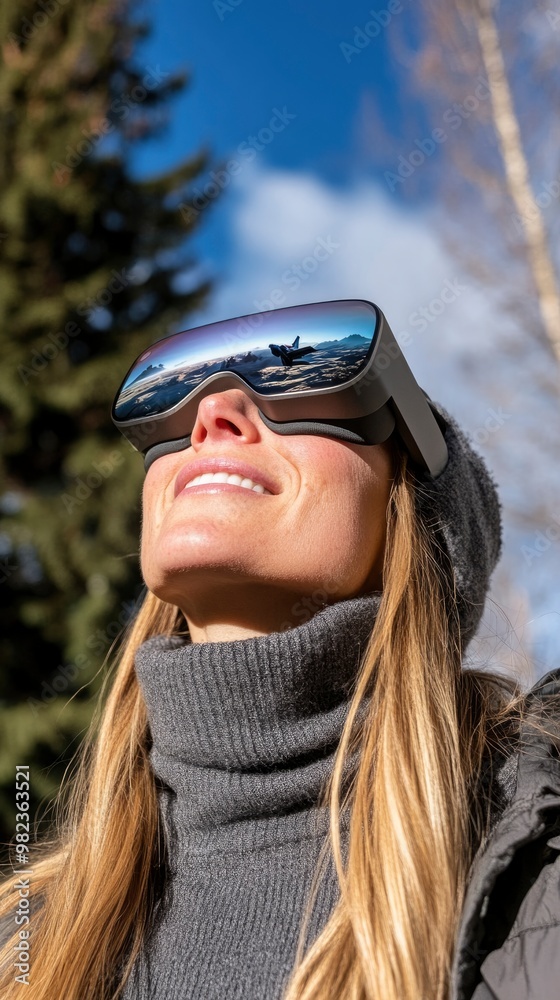 Woman Experiencing Virtual Reality Flight Simulation in Winter Setting Woman Experiencing Virtual Reality Flight Simulation in Winter Setting