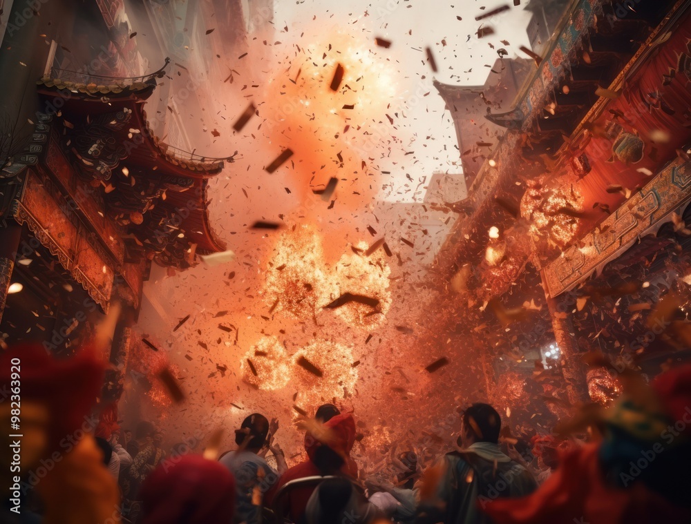 Fototapeta premium Chinese people are celebrating the New Year with firecrackers, dragon and lion dances