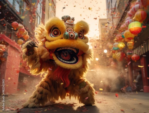 Chinese people are celebrating the New Year with firecrackers, dragon and lion dances