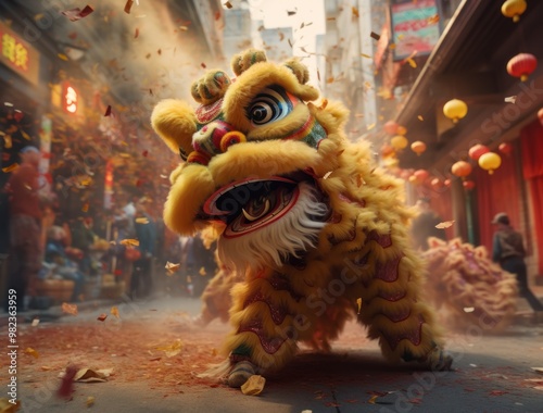 Chinese people are celebrating the New Year with firecrackers, dragon and lion dances