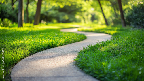 Winding curve pathway track for walking, running and cycling in green park.