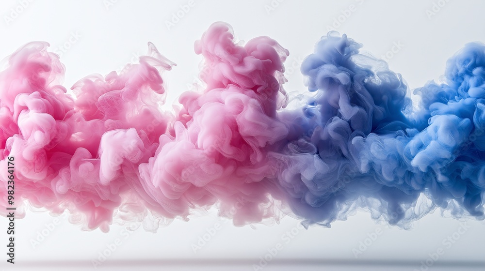 Obraz premium Abstract pink and blue ink clouds swirling together on a white background, creating a soft, dreamy effect