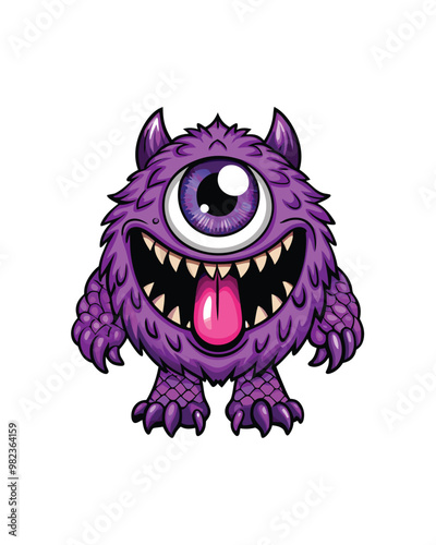 A mischievous purple monster with one eye, horns and a big grin.