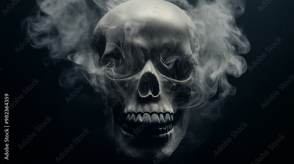 Close-up of a human skull surrounded by smoke, symbolizing death and danger, dark and ominous atmosphere Close-up of a human skull surrounded by smoke, symbolizing death and danger, dark and ominous atmosphere