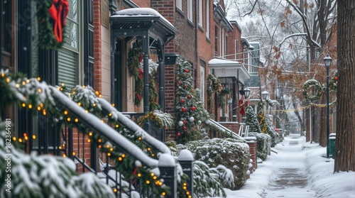 Row of colorful Brooklyn, New York town houses with snow in winter photo