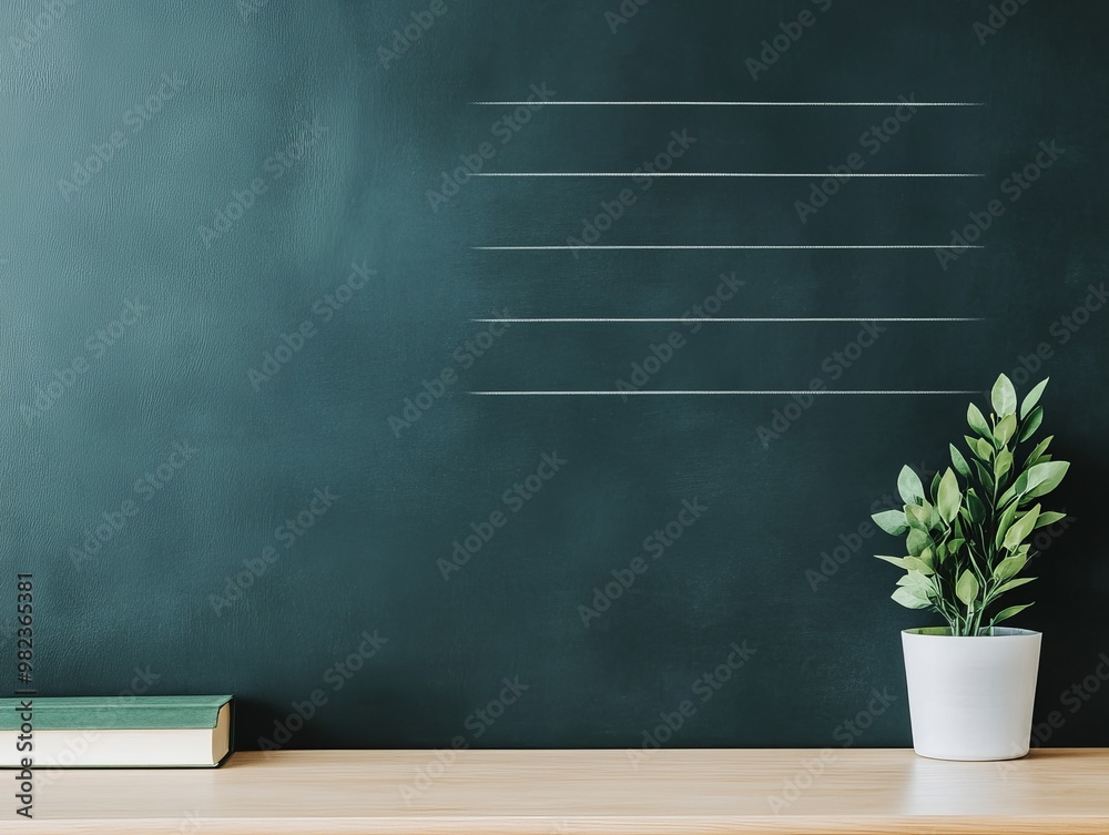 Blank blackboard with chalk lines, a potted plant, and a book on a wooden surface. Blank blackboard with chalk lines, a potted plant, and a book on a wooden surface.
