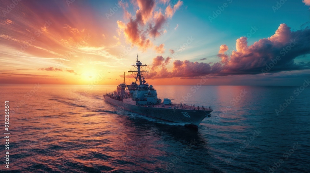 A large military ship floats on a vast body of water at sunset A large military ship floats on a vast body of water at sunset
