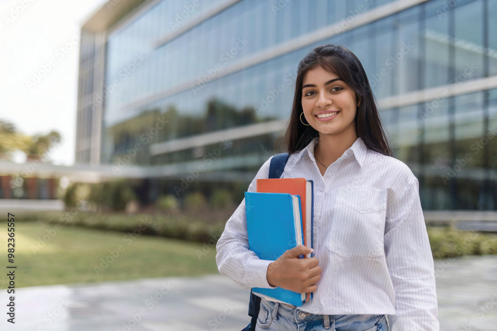 Young Indian female student with textbooks in front of glass facade ...