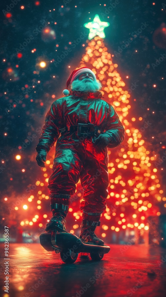 Fototapeta premium Santa Gliding on Hoverboard in Neon-Lit Futuristic Holiday Scene