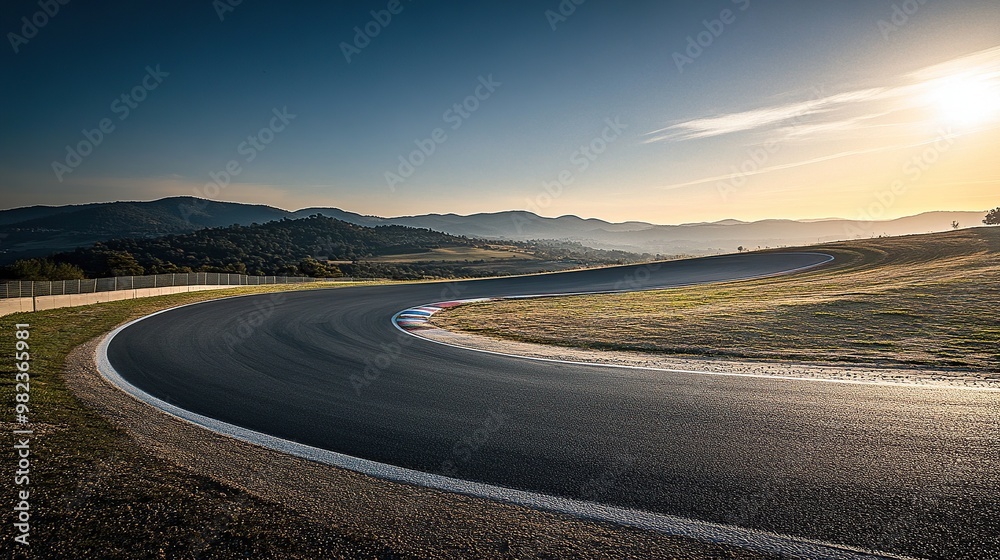 Fototapeta premium A winding racetrack curves through a serene landscape under a clear sky.