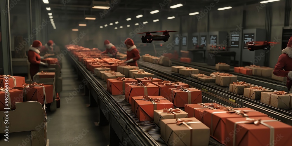 Naklejka premium Futuristic Elf Distribution Center with Drones and Gifts