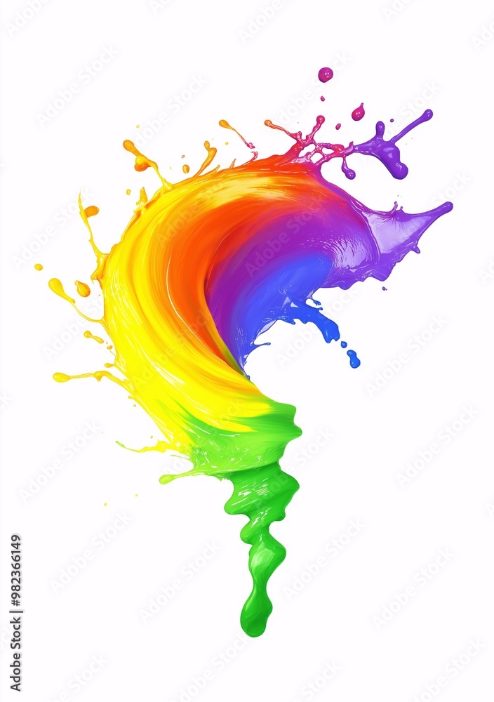 Obraz premium Swirling rainbow-colored paint splash on a white background, symbolizing creativity and fluid motion