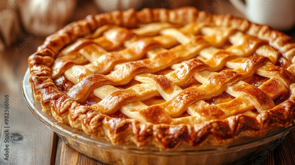 A close-up view of an American pie on a wooden table with golden brown crust and decorative latticework ready to be served A close-up view of an American pie on a wooden table with golden brown crust and decorative latticework ready to be served