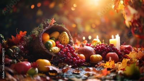 A cornucopia placed prominently on a festive table overflowing with fresh produce and surrounded by autumn leaves and candles photo