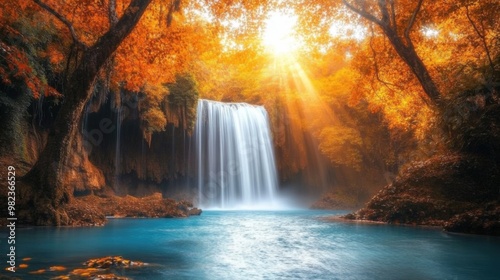 A picturesque waterfall surrounded by trees in peak fall colors with sunlight streaming through the leaves creating a magical romantic scene