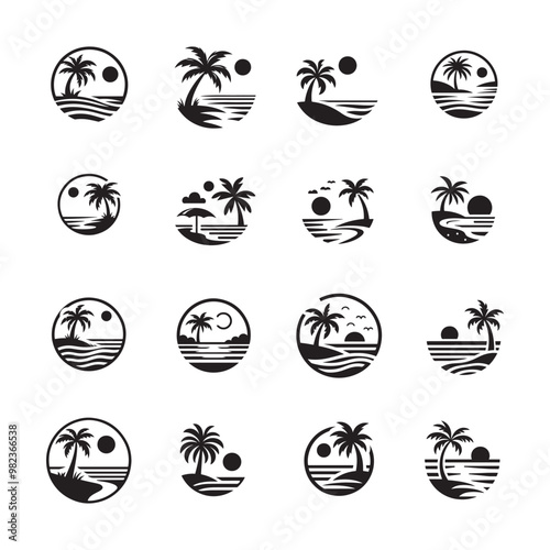 beach with palm tree vector logo icon set collection