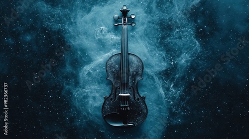 A classic violin set against a mesmerizing blue mist of outer space, capturing the essence of music intertwined with the beauty and mystery of the cosmos. photo