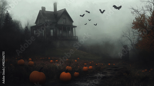 Spooky Hounted House In the Fog 