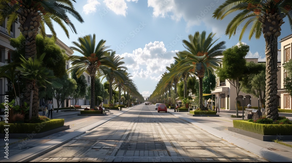 Modern Urban Street with Palm Trees Under a Bright Sky - Busy City Boulevard with Tropical Landscape, Palm Tree-Lined Avenue Modern Urban Street with Palm Trees Under a Bright Sky - Busy City Boulevard with Tropical Landscape, Palm Tree-Lined Avenue